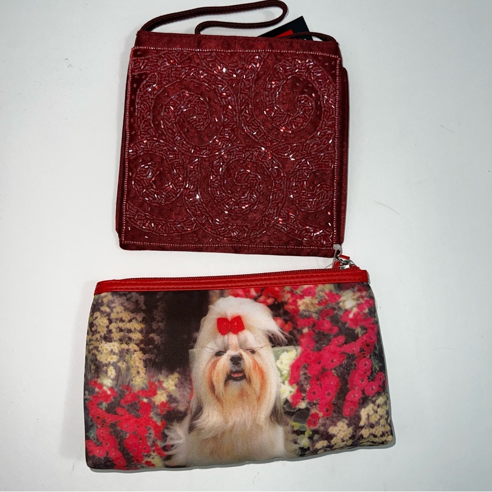 Beaded Burgundy Square Wristlet & Dog Print Coin Pouch Cosmetic bag- lot